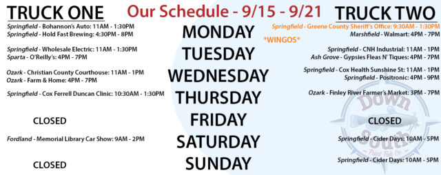 Only the weak rest on their laurels and dote on past triumphs; in the game of Down South there is never time to rest.  (Well... Until the off season...) 🤣
The event gauntlet continues!  This weekend is a Car Show in Fordland and the Cider Days on Walnut Street in Springfield.  Come on by for your favorite fish and fry before hibernation season!